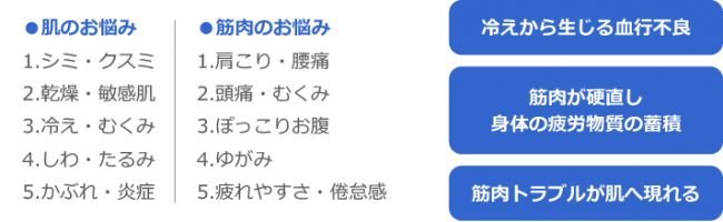 ●肌のお悩み。1.シミ・クスミ2.乾燥・敏感肌3.冷え・むくみ4.しわ・たるみ5.かぶれ・炎症●筋肉のお悩み1.肩こり・腰痛2.頭痛・むくみ3.ぽっこりお腹4.ゆがみ5.疲れやすさ・倦怠感。冷えから生じる血行不良、